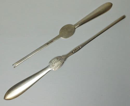 2 antique lobster picks silver plated Thomas Prime J Round vintage cutlery