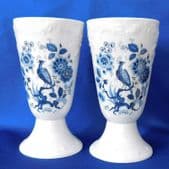 2 Limoges porcelain cups chalices goblets blue and white peacock pattern 5" tall
