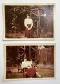2 old 1950s photographs of woman in garden with pergola arbour photos dated 1958