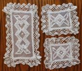 3 antique vintage lace doilies Dressing table set white embroidery work J