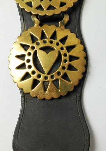 3 vintage horse brasses on leather martingale pierced heart diamond cards