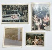 4 old family photographs of family pet cats and ladies with wooden bench c 1960s