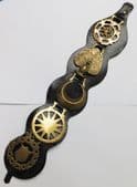 5 horse brasses peacock lion crescent star on vintage leather martingale