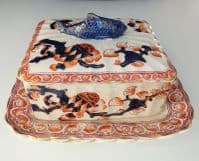 Antique Imari sardine box lidded serving dish with underplate Blue fish finial