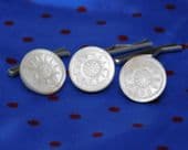 Antique waistcoat buttons Carved mother of pearl studs + clips MoP set of 3 ah