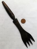 Carved wooden fork or comb Face on handle Tribal figure wood carving 11.5" long