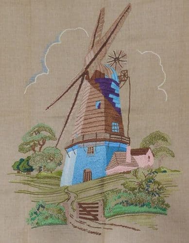 Hand embroidered panel of a windmill embroidery picture 23 inch square