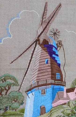 Hand embroidered panel of a windmill embroidery picture 23 inch square