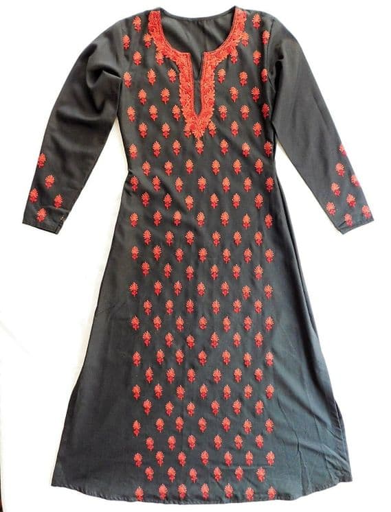 Ladies embroidered Indian cotton dress Black with red and orange flowers NEW E