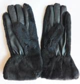 Ladies vintage black furry gloves UNUSED English 1960s Size 7 Faux leather