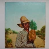 Painting of farmer poss King Charles? and pineapple signed J Hardcastle 1970s