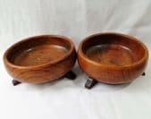 Pair of antique oak wood bowls with feet Wooden church offertory dishes 7" wide