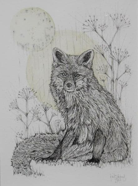 Picture of a fox signed Andrews Framed animal painting drawing hunting 23