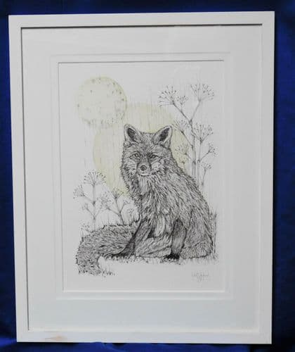 Picture of a fox signed Andrews Framed animal painting drawing hunting 23