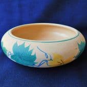 Pottery fruit bowl Rustic style Outside unglazed Painted leaves 8 inches across