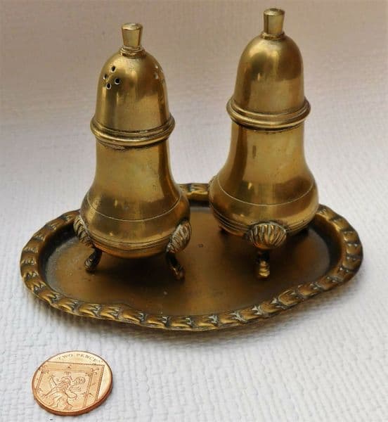Salt and pepper set vintage shakers with tray Indian brass ware British Raj