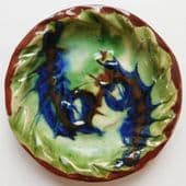 Small studio pottery plate pin dish blue and green 11 cm shallow coin tray