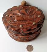 Spanish studded chunky wooden box Tooled leather galleon ship Swivel lid