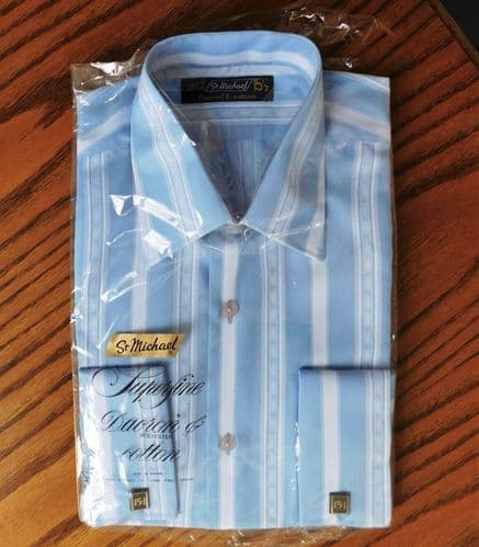St Michael vintage 1960s shirt 15.5 Dacron and Cotton M&S blue striped UNUSED