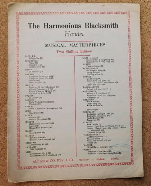 The Harmonious Blacksmith Handel vintage sheet music Allan 2 shilling edition