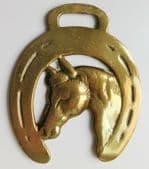 Traditional horse brass horses head framed by horse shoe Vintage stable ornament