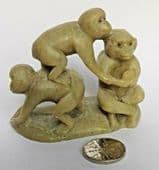 Vintage 3 monkeys figurine Chinese green soapstone carving animal ornament 6 cm