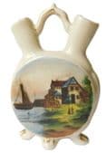 Vintage bud vase with two necks and painted harbour scene boat ship 5 inch mini