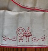 Vintage embroidered cloth for tea tray or table Teacup and plate Smiling faces H
