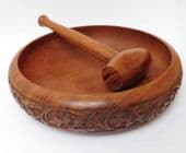 Vintage nut bowl from India carved wood with nutcracker mallet wooden hammer