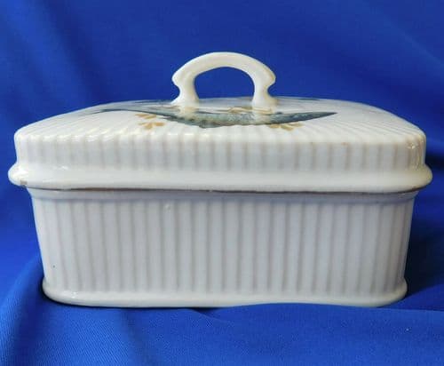 Vintage sardine box lidded fish Ribbed serving dish Old-fashioned table ware
