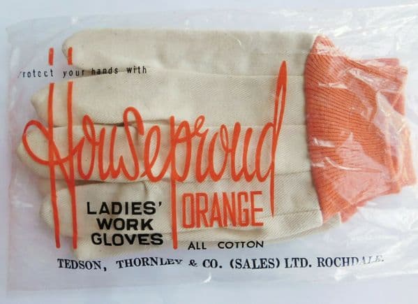 Vintage womens work gloves 1950s HOUSEPROUD TEDSON THORNLEY ladies orange