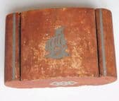 Vintage wooden cigarette box with ship picture on hinged lid 5.25" x 3.5" x 2"