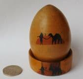 Vintage wooden darning egg from Jerusalem olive wood stand Israel Holy Land 3"
