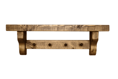 Rustic shelf with coat pegs.