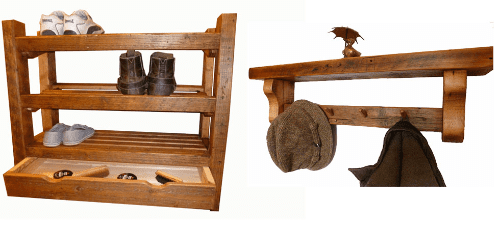 Rustic shoe rack with dawer and matching shelf and coat peg combi