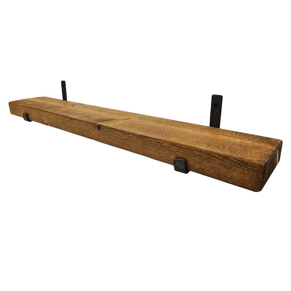 Tortuga Rustic Solid Wooden Shelf With Hand Forged Industrial Metal Hook Under Support Brackets